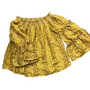 Umgee Crop Top Bell Sleeve Ruffle Pucker Off Shoulder Floral‎ Medium Boho Hippie